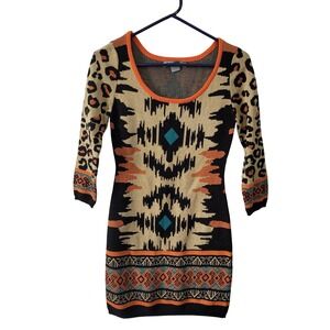 Flying Tomato Womens Small Knit Dress Orange Aztec Leopard Print Bold Dopamine